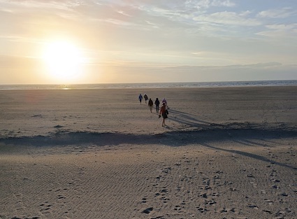 Seminarteilnehmer am Strand, im Hintergrund Meer und Sonne